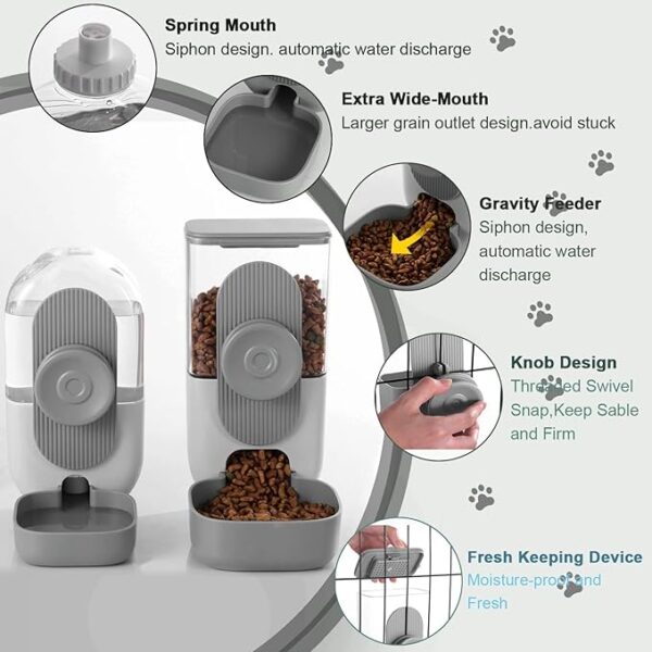 Hanging Automatic Rabbit Feeder for Cage,Dog Cat Food and Water Dispenser,Ferret Food Dispenser,Rabbit Water Bottle Guinea Pig Food Bowl Set,Gravity Feeder for Cats Dogs (Gray) - Image 3