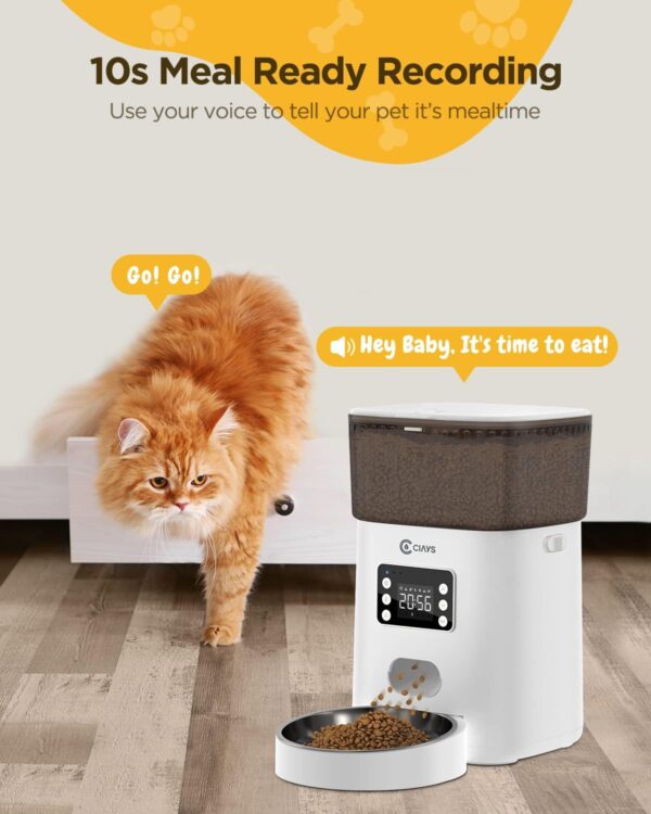 Ciays Automatic Cat Feeder, 4L, White, Plastic and Stainless Steel, Dispenses Up to 20 Portions, 6 Meals Per Day, with Distribution Alarms for Small to Medium Cats and Dogs - Image 4