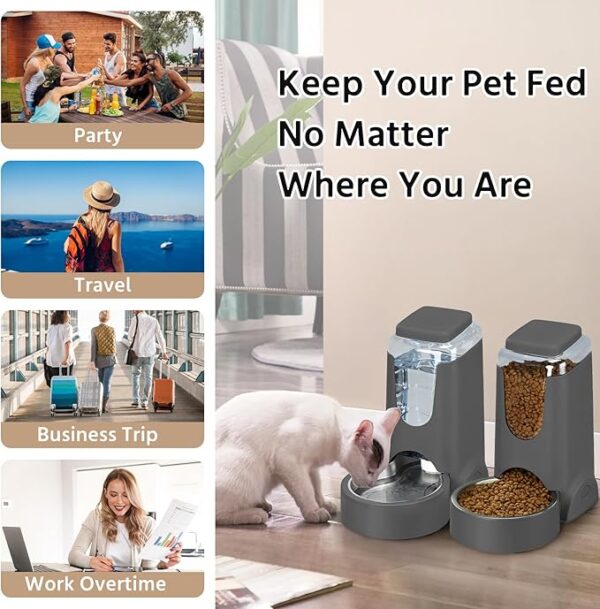 2 Pack Automatic Cat Feeder and Stainless Steel Water Dispenser, Gravity Dog Waterer Set Food Feeder and Waterer Set for Small Medium Kitten Puppy Pets(1 Gallon x 2, Charcoal Gray) - Image 6