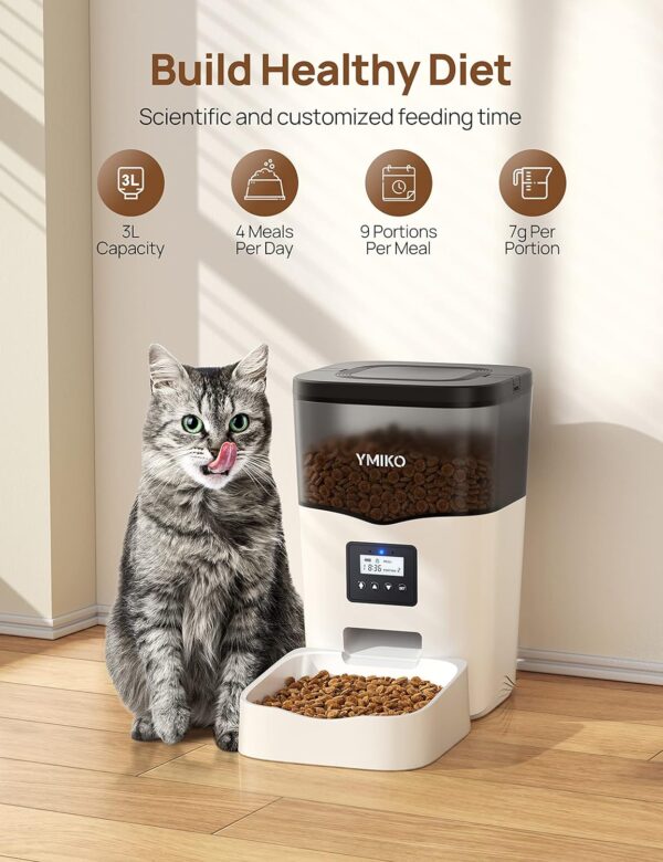 Ymiko Automatic Cat Feeder, Automatic Cat Food Dispenser with Freshness-Preserving Function and Voice Recorder, Timed Dry Food Feeder for Cats, 1-4 Meals Per Day, Granary Style Pet Feeder for Cats - Image 3