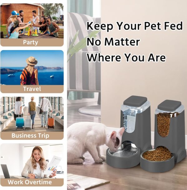 2 Pack Automatic Cat Feeder and Stainless Steel Water Dispenser, Gravity Dog Waterer Set Food Feeder and Waterer Set for Small Medium Kitten Puppy Pets(1 Gallon x 2, Charcoal Gray) - Image 3