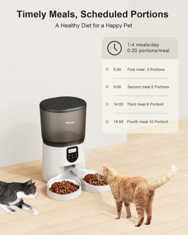 Automatic Cat Feeders for Two Cats, 6L/25.4cup Double Automatic Cat Food Dispenser with 2 Stainless Bowls,10s Meal Call and Timer Setting 20 Portions 4 Meals Per Day,Pet Feeder for Cat and Dog, White - Image 2