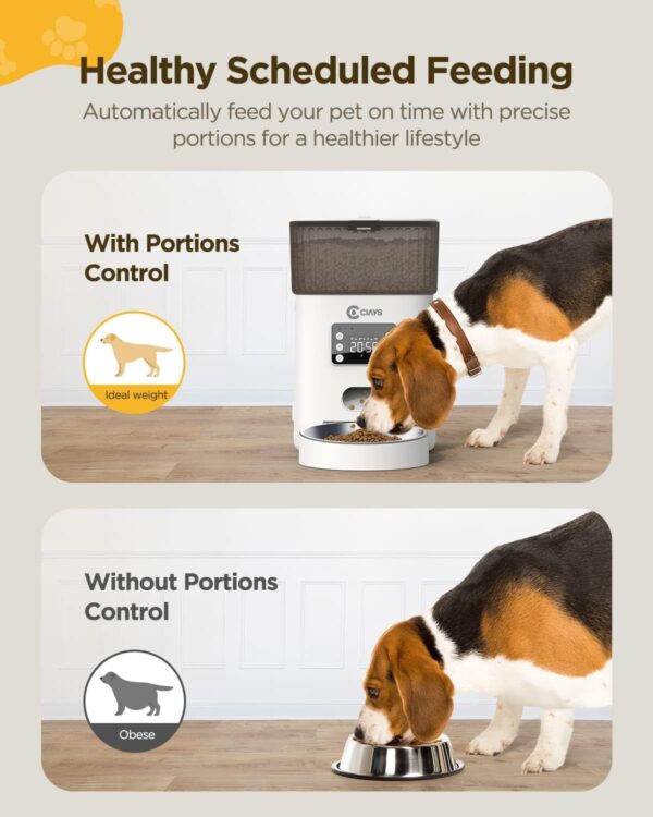 Ciays Automatic Cat Feeder, 4L, White, Plastic and Stainless Steel, Dispenses Up to 20 Portions, 6 Meals Per Day, with Distribution Alarms for Small to Medium Cats and Dogs - Image 2