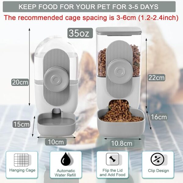 Hanging Automatic Rabbit Feeder for Cage,Dog Cat Food and Water Dispenser,Ferret Food Dispenser,Rabbit Water Bottle Guinea Pig Food Bowl Set,Gravity Feeder for Cats Dogs (Gray) - Image 2