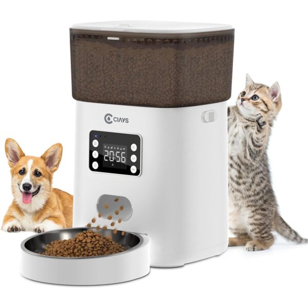 Ciays Automatic Cat Feeder, 4L, White, Plastic and Stainless Steel, Dispenses Up to 20 Portions, 6 Meals Per Day, with Distribution Alarms for Small to Medium Cats and Dogs