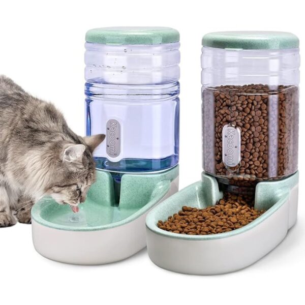 Automatic Dog Cat Feeder and Water Dispenser Gravity Food Feeder and Waterer Set with Pet Food Bowl for Small Medium Dog Puppy Kitten, Large Capacity 1 Gallon x 2