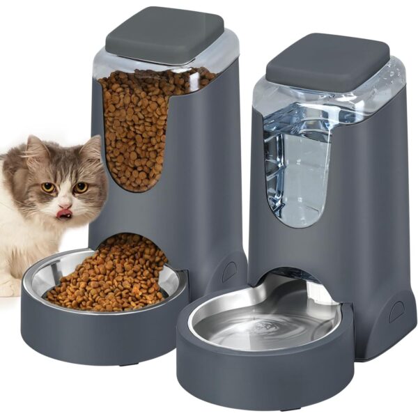 Automatic Cat Feeder and Water Dispenser with Stainless Steel Bowl Dog Gravity Food Feeder and Waterer for Small Medium Pets Puppy Kitten 1 Gallon x 2