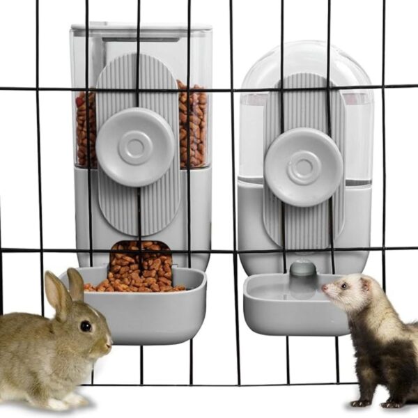 Hanging Automatic Rabbit Feeder for Cage,Dog Cat Food and Water Dispenser,Ferret Food Dispenser,Rabbit Water Bottle Guinea Pig Food Bowl Set,Gravity Feeder for Cats Dogs (Gray)