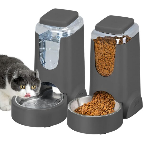 2 Pack Automatic Cat Feeder and Stainless Steel Water Dispenser, Gravity Dog Waterer Set Food Feeder and Waterer Set for Small Medium Kitten Puppy Pets(1 Gallon x 2, Charcoal Gray)