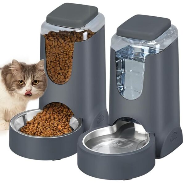 Automatic Cat Feeder and Water Dispenser with Stainless Steel Bowl Dog Gravity Food Feeder and Waterer for Small Medium Pets Puppy Kitten 1 Gallon x 2