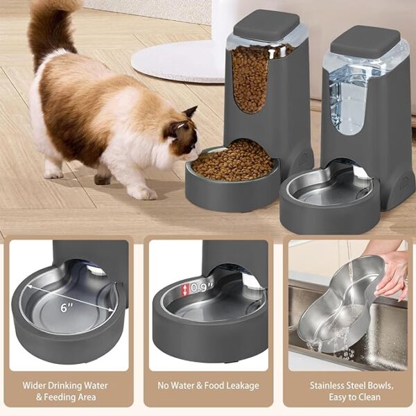 2 Pack Automatic Cat Feeder and Stainless Steel Water Dispenser, Gravity Dog Waterer Set Food Feeder and Waterer Set for Small Medium Kitten Puppy Pets(1 Gallon x 2, Charcoal Gray) - Image 2