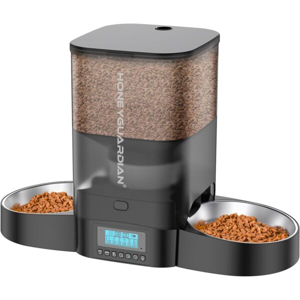 HoneyGuaridan 3.5L Automatic Cat Feeder for Two Cats, Cat Food Dispenser with Stainless Steel Bowl,Timed Cat Feeder Programmable 1-6 Meals Control, Dual Power Supply,10s Meal Call Black