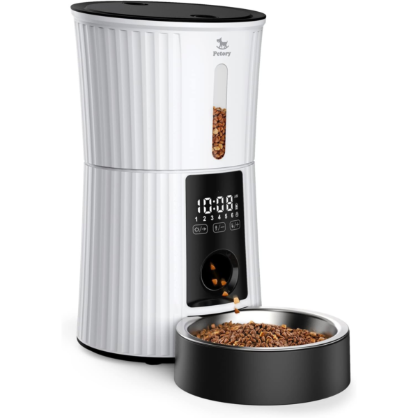 Petory Timed Automatic Cat Feeders - 4L Programable Dry Food Dispenser for Cats and Small Medium Dogs 6 Meals with Desiccant Bag Dual Power Supply 10S Voice Recorder