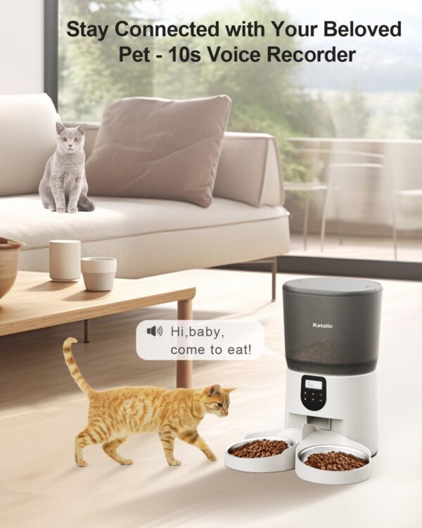 Automatic Cat Feeders for Two Cats, 6L/25.4cup Double Automatic Cat Food Dispenser with 2 Stainless Bowls,10s Meal Call and Timer Setting 20 Portions 4 Meals Per Day,Pet Feeder for Cat and Dog, White - Image 3