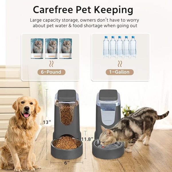 2 Pack Automatic Cat Feeder and Stainless Steel Water Dispenser, Gravity Dog Waterer Set Food Feeder and Waterer Set for Small Medium Kitten Puppy Pets(1 Gallon x 2, Charcoal Gray) - Image 5