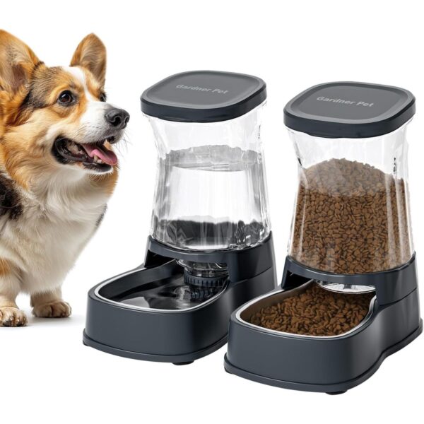 Gardner Pet Automatic Dog Water Dispenser Gravity Stainless Steel Water Waterer & Food Feeder Set, Large Capacity Feeding Bowls for Medium & Large-Sized Dogs Cats Other Pets -(1 Gallon x2)