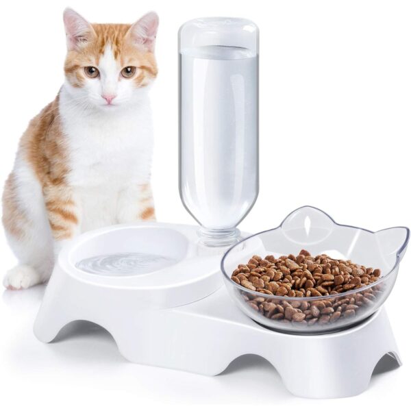 MILIFUN Double Dog Cat Bowls - Pets Water and Food Bowl Set, 15°Tilted Water and Food Bowl Set with Automatic Waterer Bottle for Small or Medium Size Dogs Cats