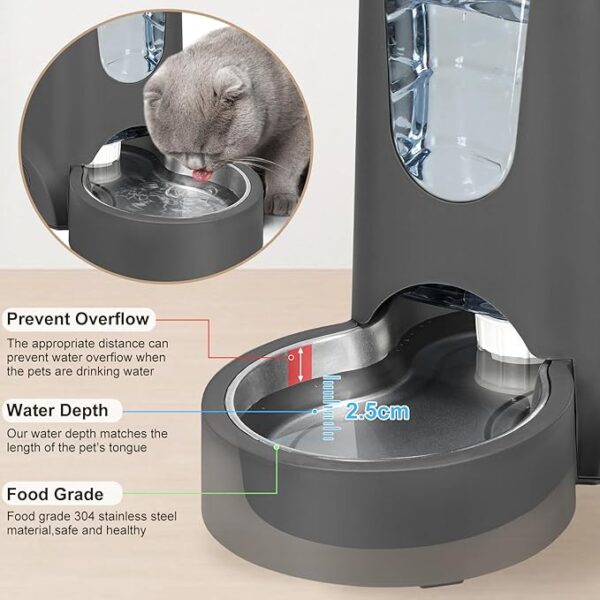 2 Pack Automatic Cat Feeder and Stainless Steel Water Dispenser, Gravity Dog Waterer Set Food Feeder and Waterer Set for Small Medium Kitten Puppy Pets(1 Gallon x 2, Charcoal Gray) - Image 4