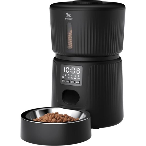 Petory Automatic Cat Feeder - 6 Meals Automatic Cat Food Dispenser with Slow Feeding for Cats and Small Dogs, Dual Power Supply Including Desiccant Bag