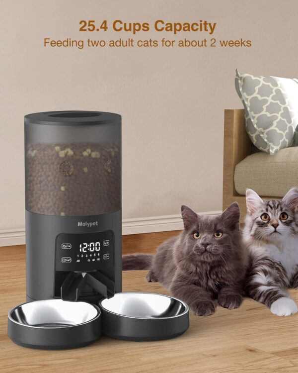 Automatic Cat Feeders for 2 Cats - 6L Cat Food Dispenser with Double Bowls, Programmable Timed Cat Feeder up to 6 Meals per Day with 10S Voice Recorder, Support Dual Power Supply - Image 2