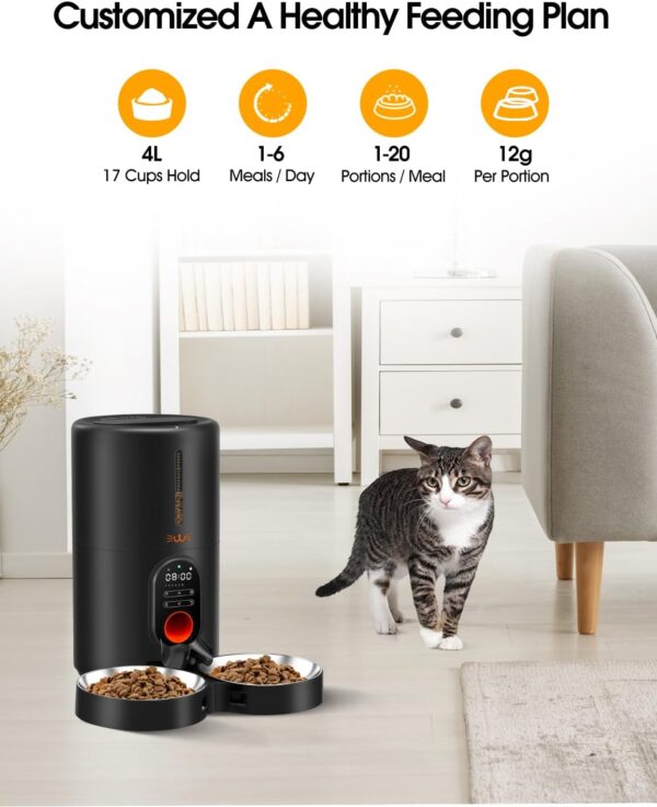 Automatic Cat Food Dispenser for Two Cats, BPA Free, 4L/17 Cups Large Capacity, Voice Record Meal Call, Safe and Reliable Feeder, Dual Power Supply - Image 6