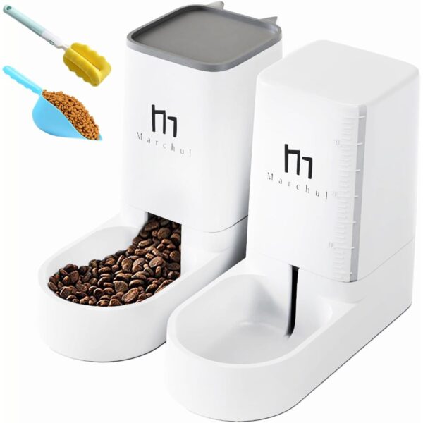 Marchul Cat Feeder and Water Dispenser Set, Automatic Cat Food Dispenser and Gravity Dog Water Bowl Dispenser with Pet Food Scoop Sponge Bottle Brush, Big Capacity 1 Gallon(3.8 L)