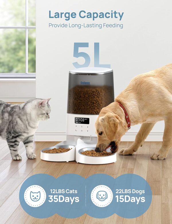 Rellorus Automatic Cat Feeders, 5L/21Cups Cat Food Dispenser for Two Cats, Timed Cat Feeder with Double Bowls, 48 Portions 6 Meals Per Day for Cat and Small Dog, Memory Function, 10s Meal Call - Image 3