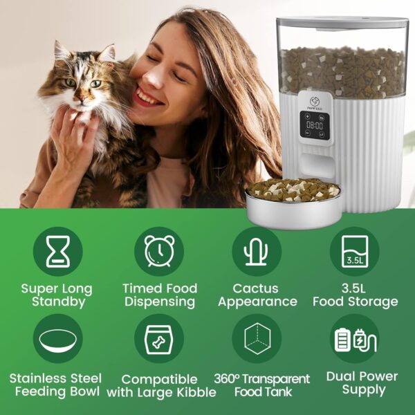 Automatic Cat Feeder, Programmable Feeding Schedule, Dual Power Supply, Large Capacity 3.5L Food Tank, Cactus-Looking Design, Easy to Clean, BPA Free, One Year Warranty - Image 4