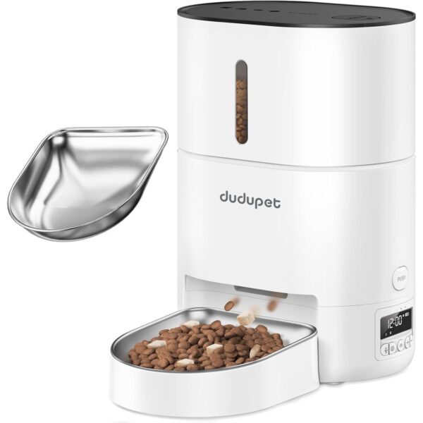 Timed Automatic Cat Feeder - 17cup/135oz Timed Automatic Cat Food Dispenser Battery-Operated with 180-Day Battery Life, Up to 6 Meals 120 Portions Per Day (White, Regular with Stainless Steel)