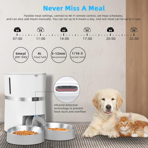 Automatic Cat Feeder, Smart Pet Food Dispenser with APP Control,WiFi Enabled Automatic Feeder for Dogs, Cats & Small Pets, Double Stainless Steel Bowls,6 Meals Portion Control and Voice Recording - Image 5