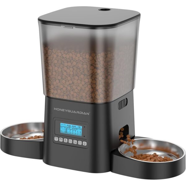 HoneyGuaridan Automatic Cat Feeder for 2 Cats 3.5L, Cat Food Dispenser with Stainless Steel Bowl,Timed Pet Feeder for Dry Food Programmable 1-6 Meals Control,Desiccant Bag,10s Meal Call Black