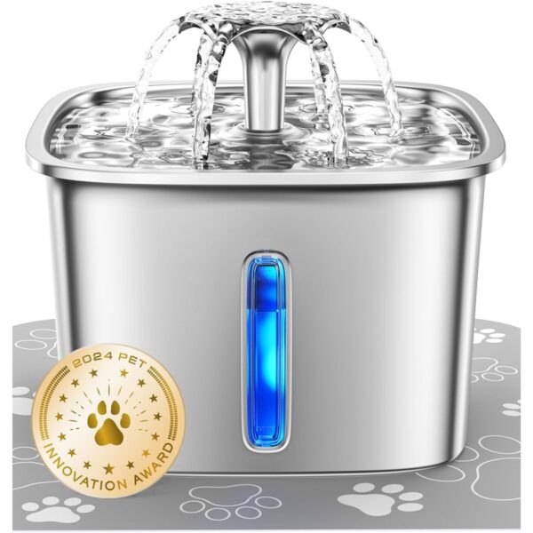 Veken Innovation Award Winner Stainless Steel Cat Water Fountain, 95oz/2.8L Automatic Pet Fountain Dog Water Dispenser with Replacement Filters & Silicone Mat for Cats, Dogs, Multiple Pets (Silver)