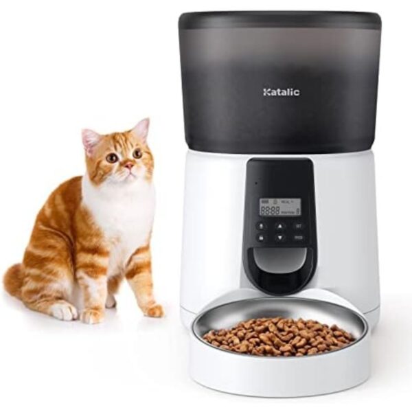 Upgraded Automatic Cat Feeder, KATALIC Clog-free 4L Cat Food Dispenser Sliding Lock Lid Storage Timed Feeder for Cat and Dogs with Voice Recorder, Programmable Meal & Portion