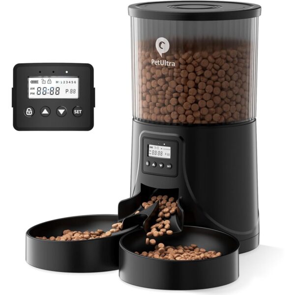 Dual Automatic Cat Feeder: Cat Feeder Automatic for 2 Cats- Timed Auto Feeder 16 Cups/4L Cat Food Dispenser& Dual Power Auto Pet Feeder for Indoor Cat&Dog| 1-6 Meals Portions Control, Black