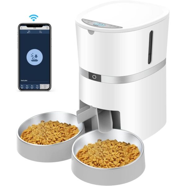 Automatic Cat Feeder, Smart Pet Food Dispenser with APP Control,WiFi Enabled Automatic Feeder for Dogs, Cats & Small Pets, Double Stainless Steel Bowls,6 Meals Portion Control and Voice Recording