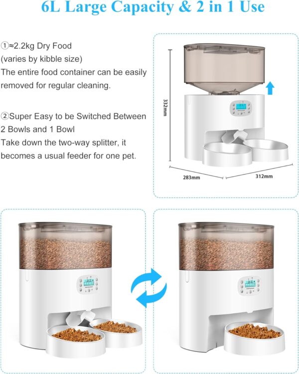 HoneyGuaridan 6L Automatic Cat Feeder for 2 Cats, 2.4G WiFi Enabled Smart Feed Automatic Pet Feeder for Cats & Dogs, Timed Pet Food Dispenser with Stainless Steel Bowl APP Control, 10s Voice Recorder - Image 5