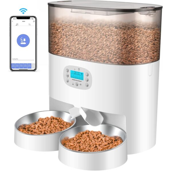 HoneyGuaridan 6L Automatic Cat Feeder for 2 Cats, 2.4G WiFi Enabled Smart Feed Automatic Pet Feeder for Cats & Dogs, Timed Pet Food Dispenser with Stainless Steel Bowl APP Control, 10s Voice Recorder